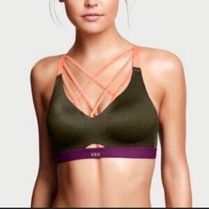 VSX Womens Olive and Purple Strappy Front Sports Bra Neon 34C